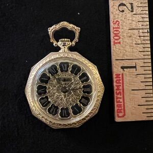 Vintage Ladies Sheffield Gold Black Swiss Made Pendant Pocket Watch Floral Case